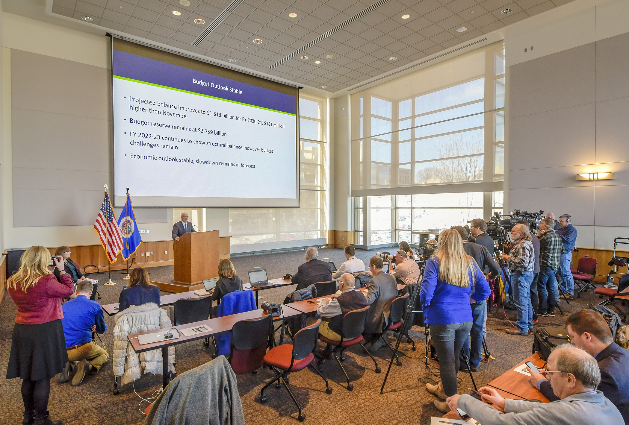 Minnesota Management and Budget Commissioner Myron Frans presents an updated budget forecast Thursday morning. Photo by Andrew VonBank